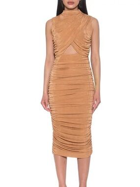 Alexia Admor Camel Ruched Sleeveless Midi Dress